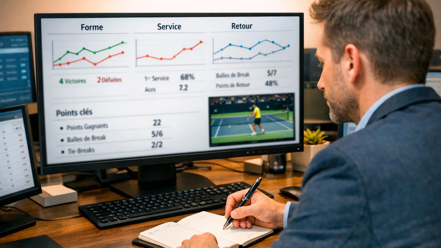 Analyste sportif examinant des données de performance tennistique sur un écran