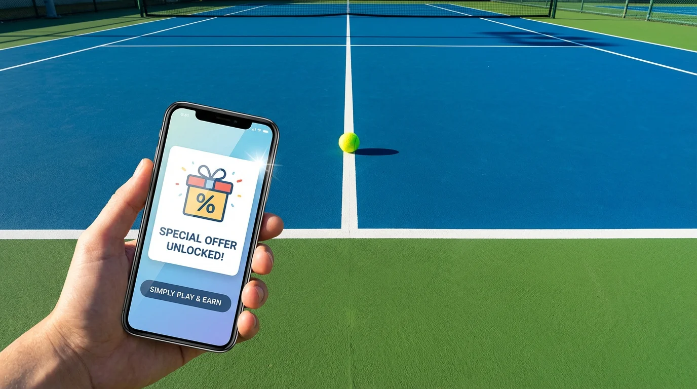 Un joueur de tennis sur un court avec des symboles de pourcentage et de bonus flottant symboliquement