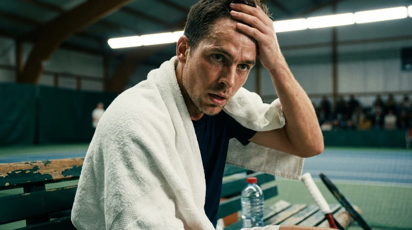 Un joueur de tennis concentré lors d'un changement de côté, serviette sur les épaules, regard déterminé
