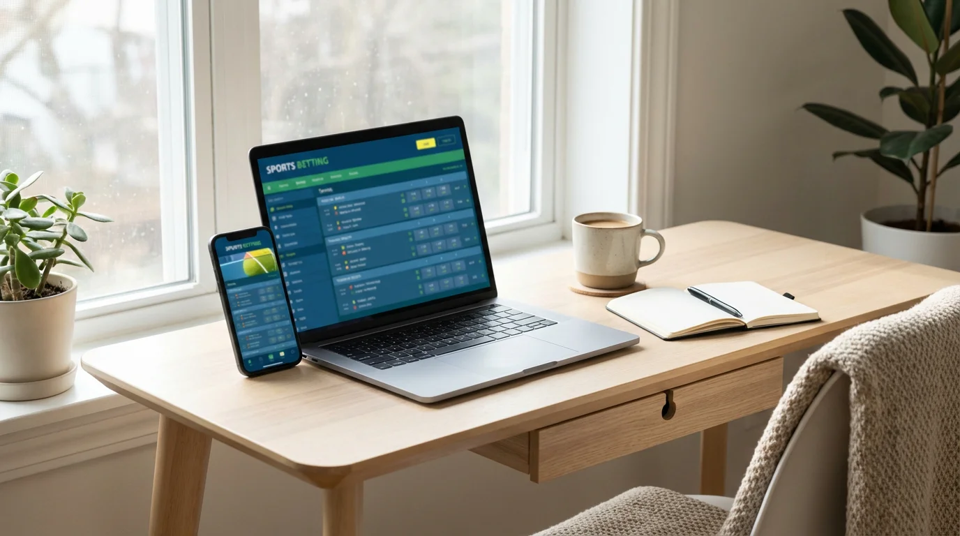Un smartphone affichant une application de paris sportifs tennis posé sur une table à côté d'un ordinateur portable