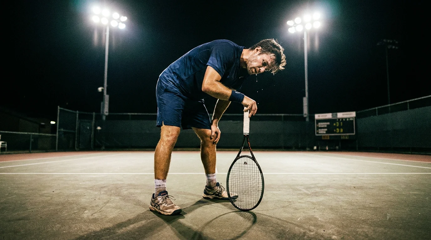 Un joueur de tennis épuisé s'appuyant sur sa raquette entre deux points, visiblement fatigué