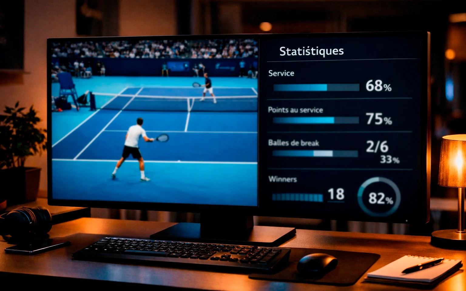 Interface de streaming avec match de tennis et statistiques