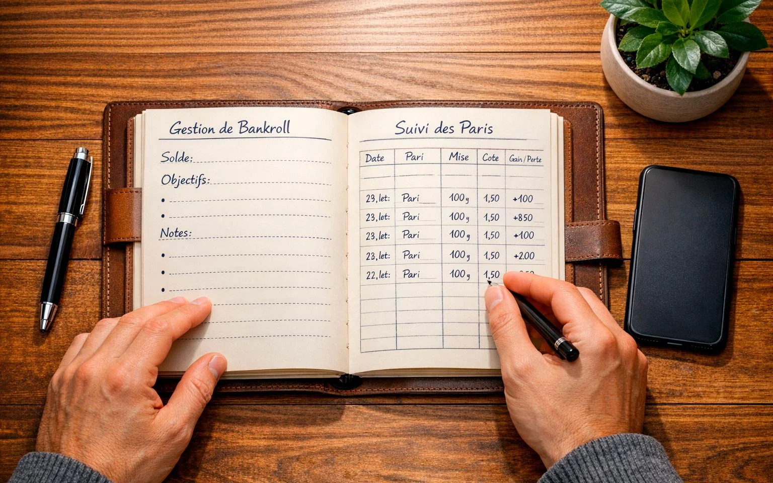 Personne organisant ses notes de paris dans un carnet