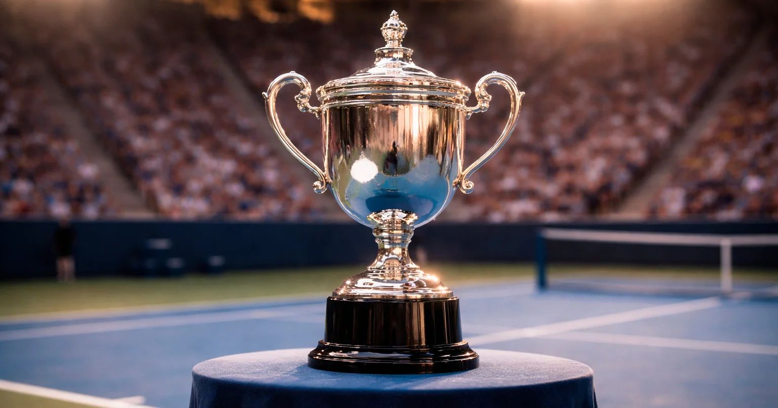 Trophée de tennis sur court avec stade en arrière-plan
