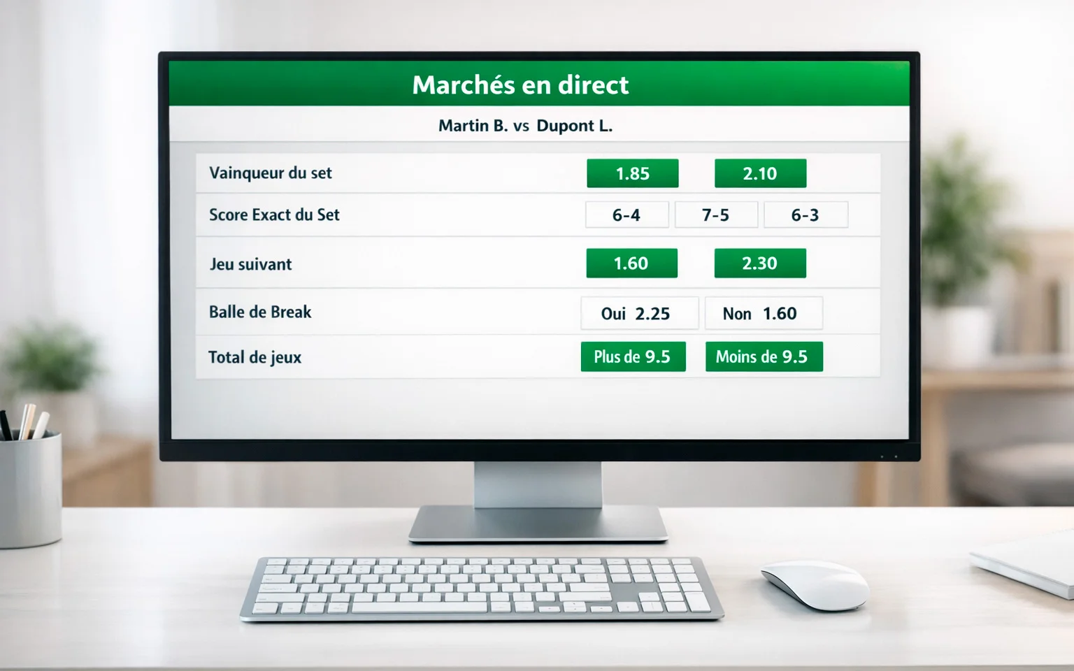 Interface de paris sportifs affichant les cotes tennis