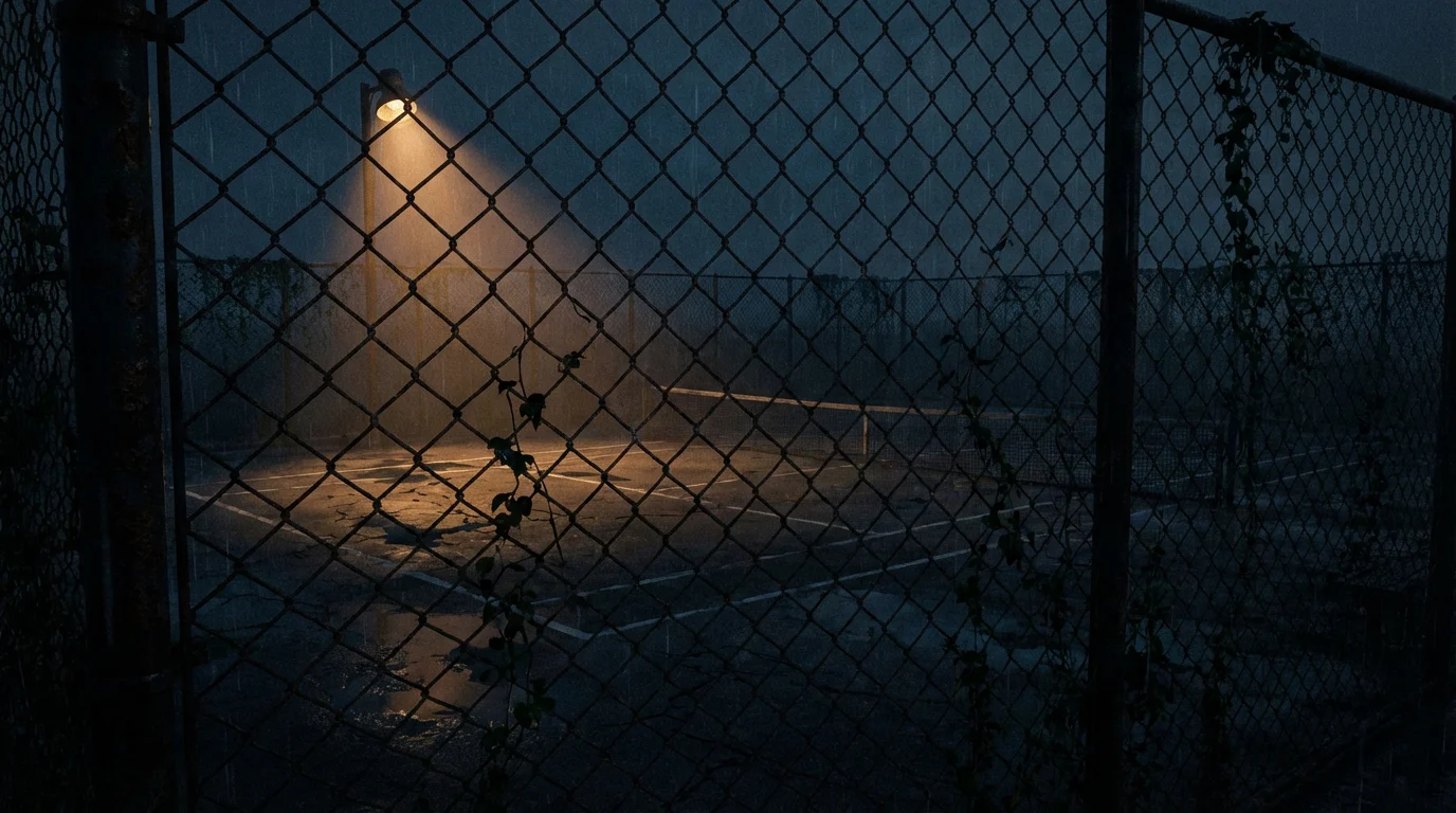 Un court de tennis vu à travers une grille avec une atmosphère sombre et mystérieuse