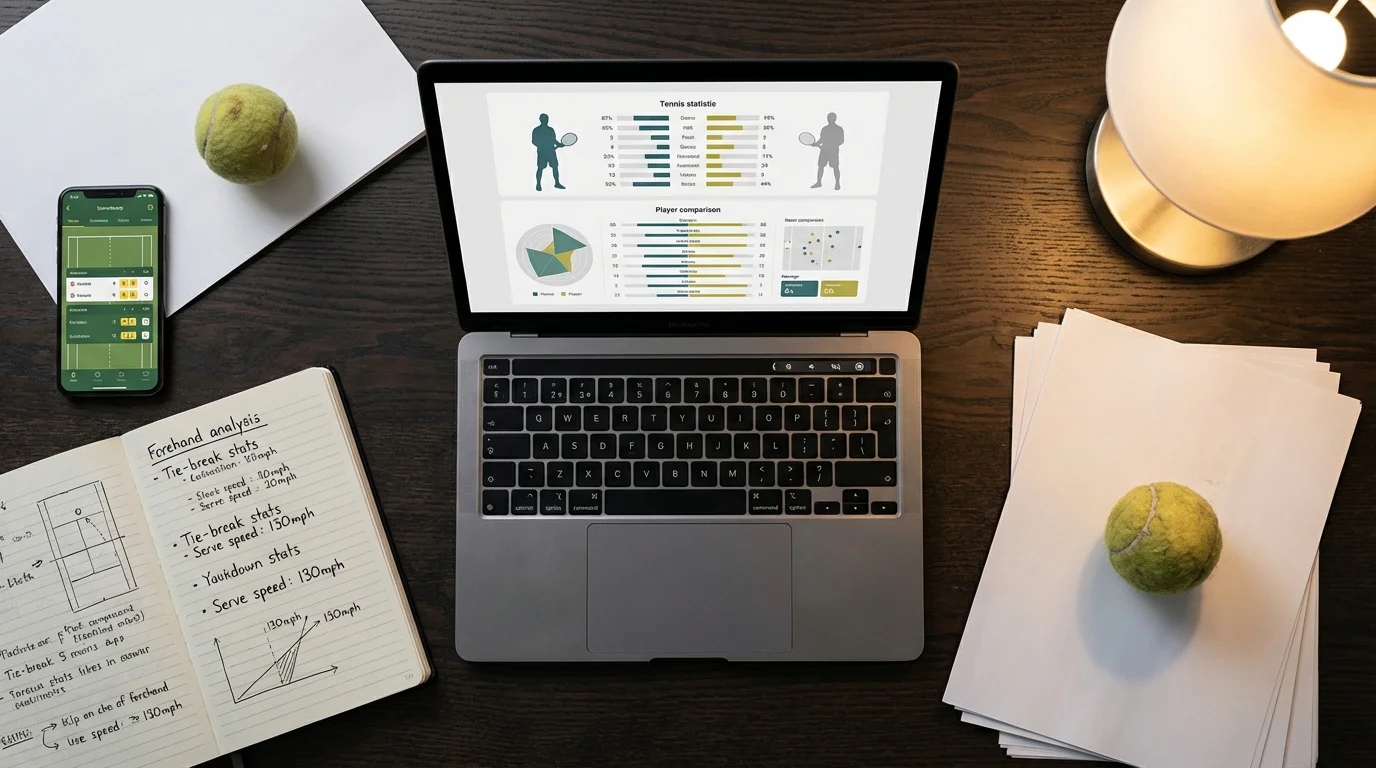 Un bureau avec un ordinateur portable affichant des statistiques de tennis et un carnet de notes ouvert