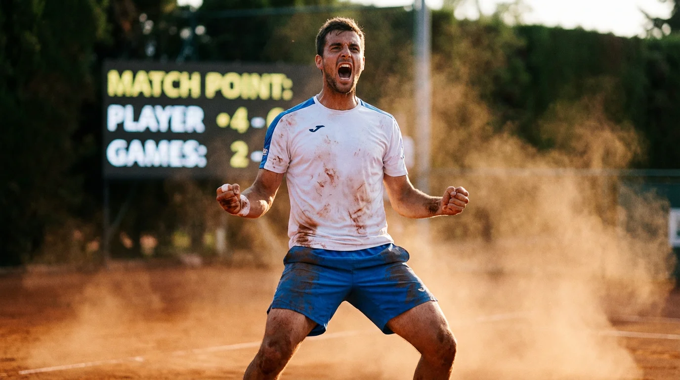 Un joueur de tennis outsider célébrant une victoire surprise sur un court de tennis, le poing levé