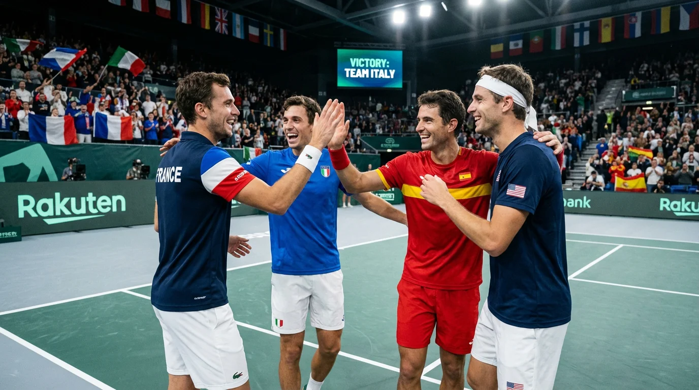 Équipe de tennis nationale célébrant une victoire en Coupe Davis sur le court