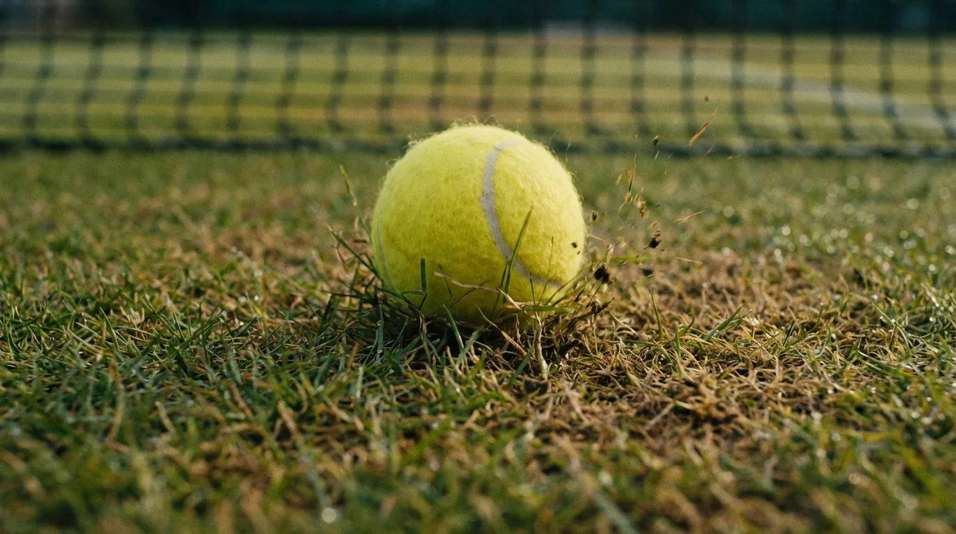 Balle de tennis rebondissant bas sur un court en gazon avec des traces d'usure