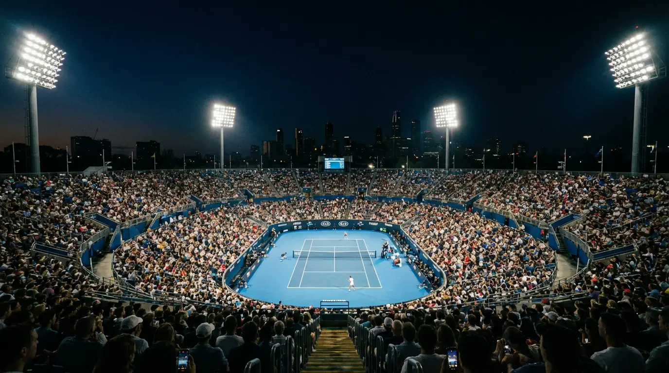 Stade Arthur Ashe de nuit avec les projecteurs illuminant le court en dur de l'US Open