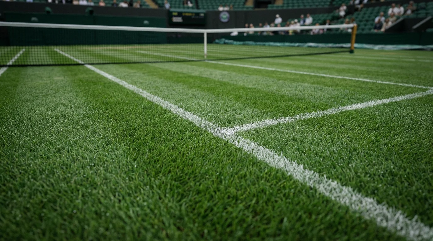 Court de tennis sur gazon de Wimbledon avec l'herbe verte rase et les lignes blanches