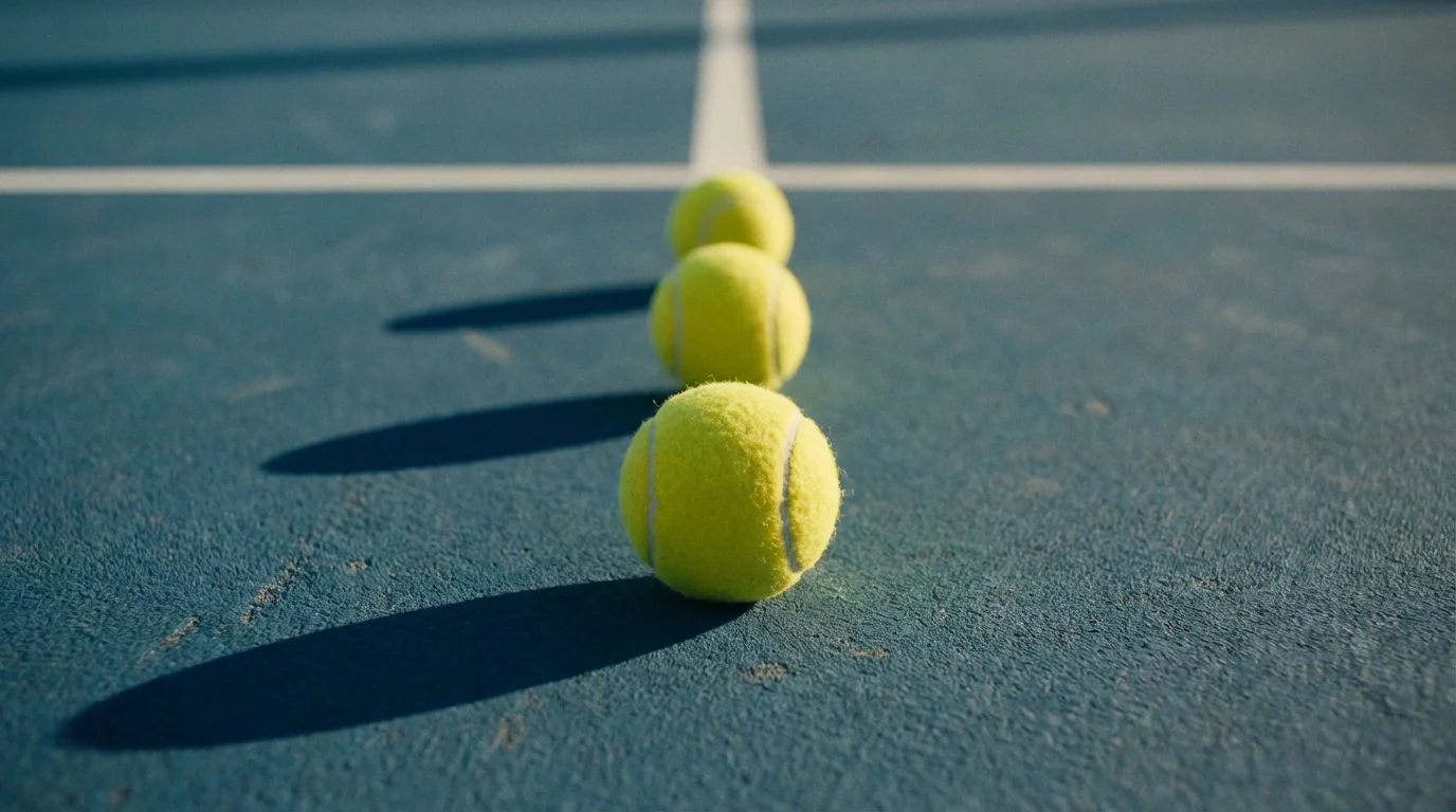 Plusieurs balles de tennis alignées sur un court avec des raquettes posées au sol