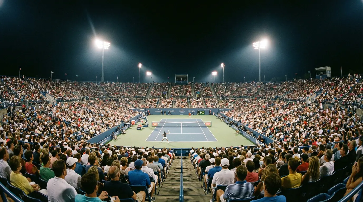 Spectateurs suivant un match de tennis en direct depuis les tribunes d'un stade éclairé