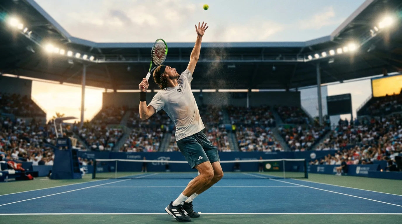 Joueur de tennis professionnel servant lors d'un Masters 1000 dans un stade bondé