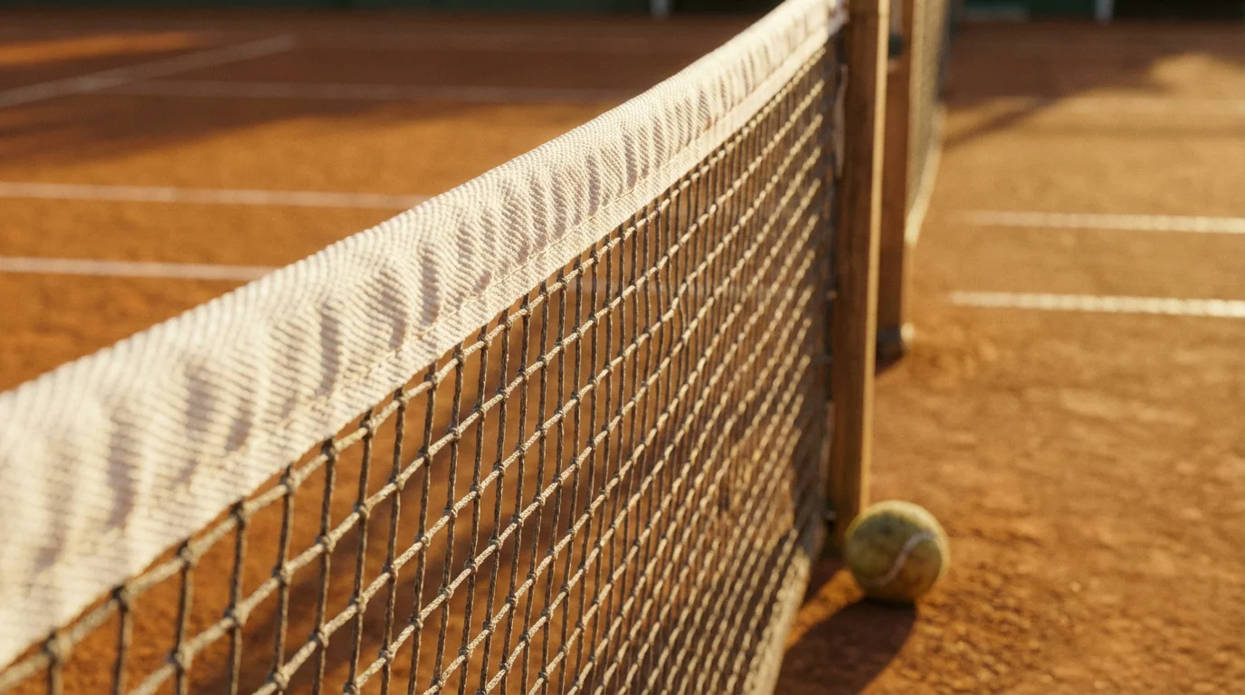 Vue rapprochée d'un filet de tennis avec un court en terre battue en arrière-plan