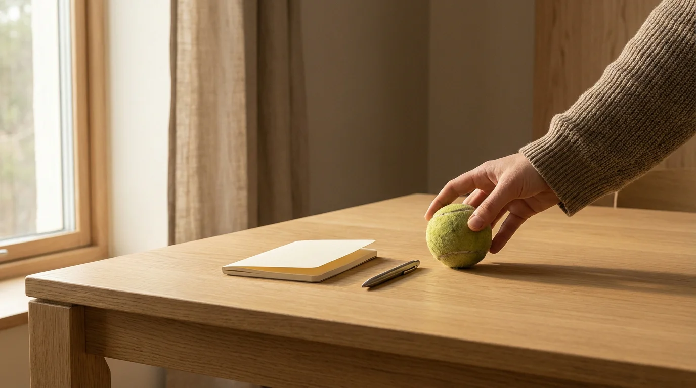 Une main posant calmement une balle de tennis sur une table à côté d'un bloc-notes, symbolisant le contrôle et la mesure