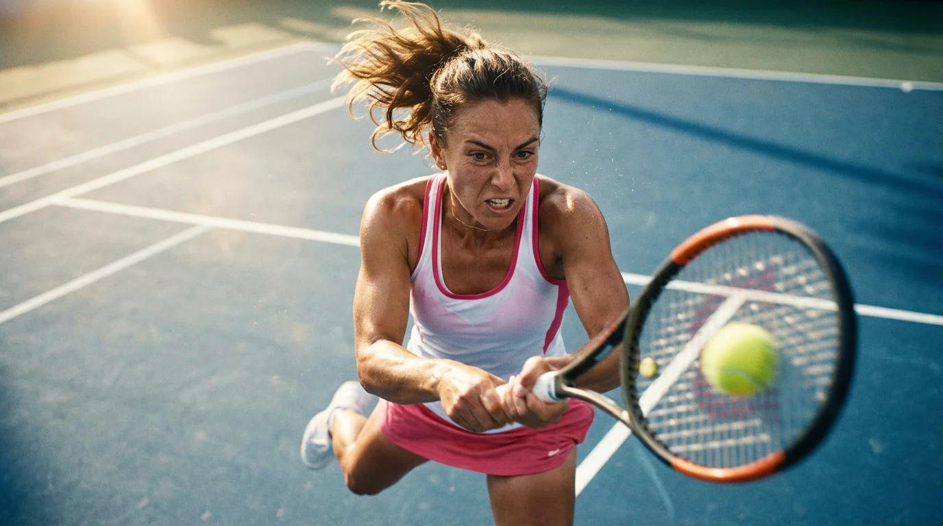 Une joueuse de tennis WTA en pleine action frappant un coup droit puissant sur un court dur