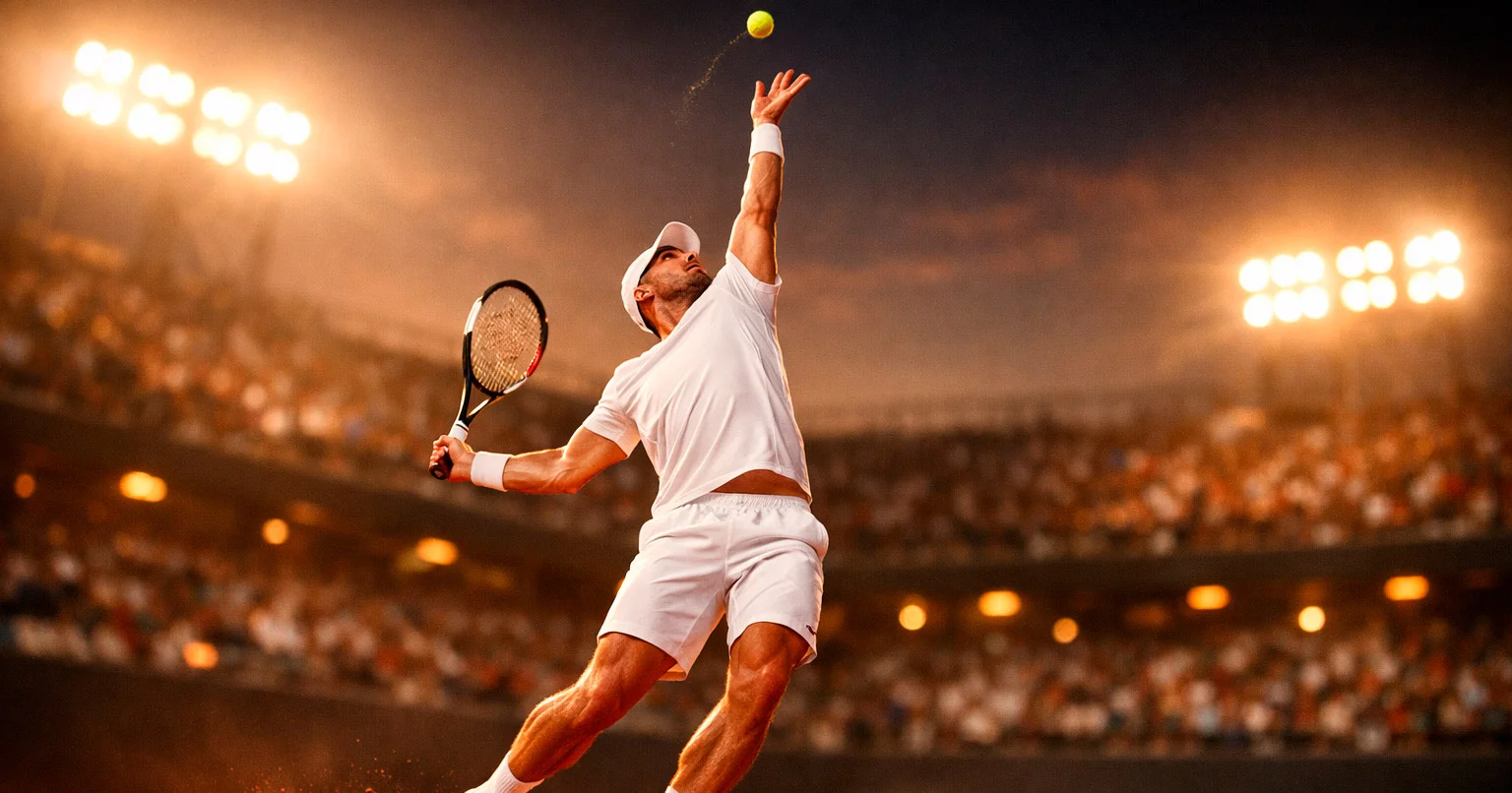 Joueur de tennis professionnel en pleine action sur court en terre battue