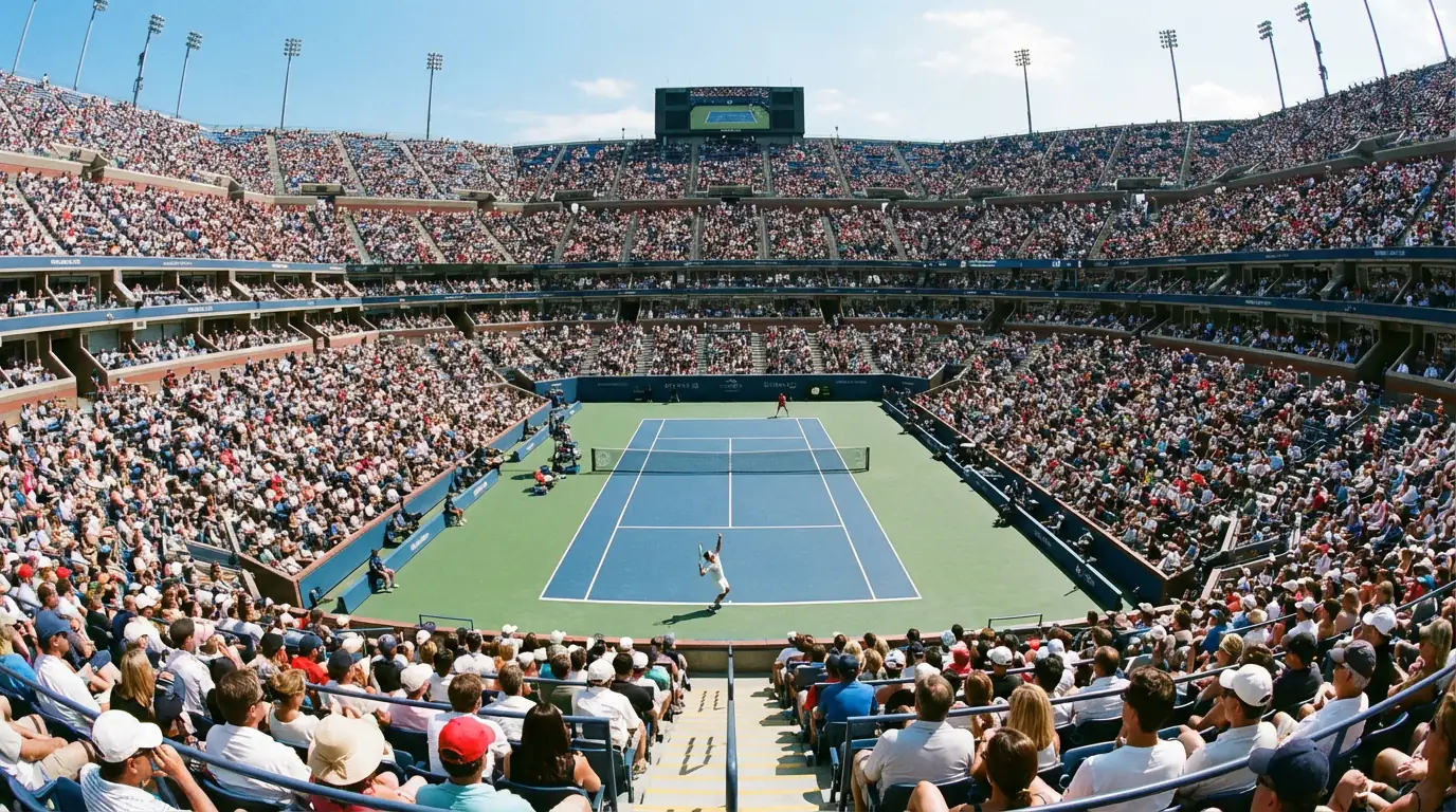 Vue d'ensemble d'un court central de Grand Chelem avec les tribunes pleines et un match de premier tour en cours
