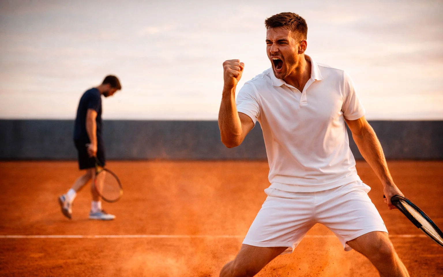 Match de tennis intense avec joueur c&eacute;l&eacute;brant un point