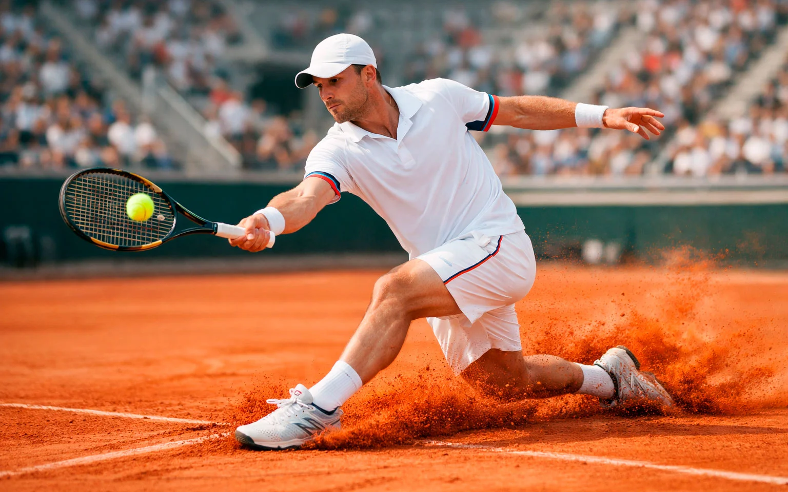 Joueur glissant sur terre battue orange &agrave; Roland Garros