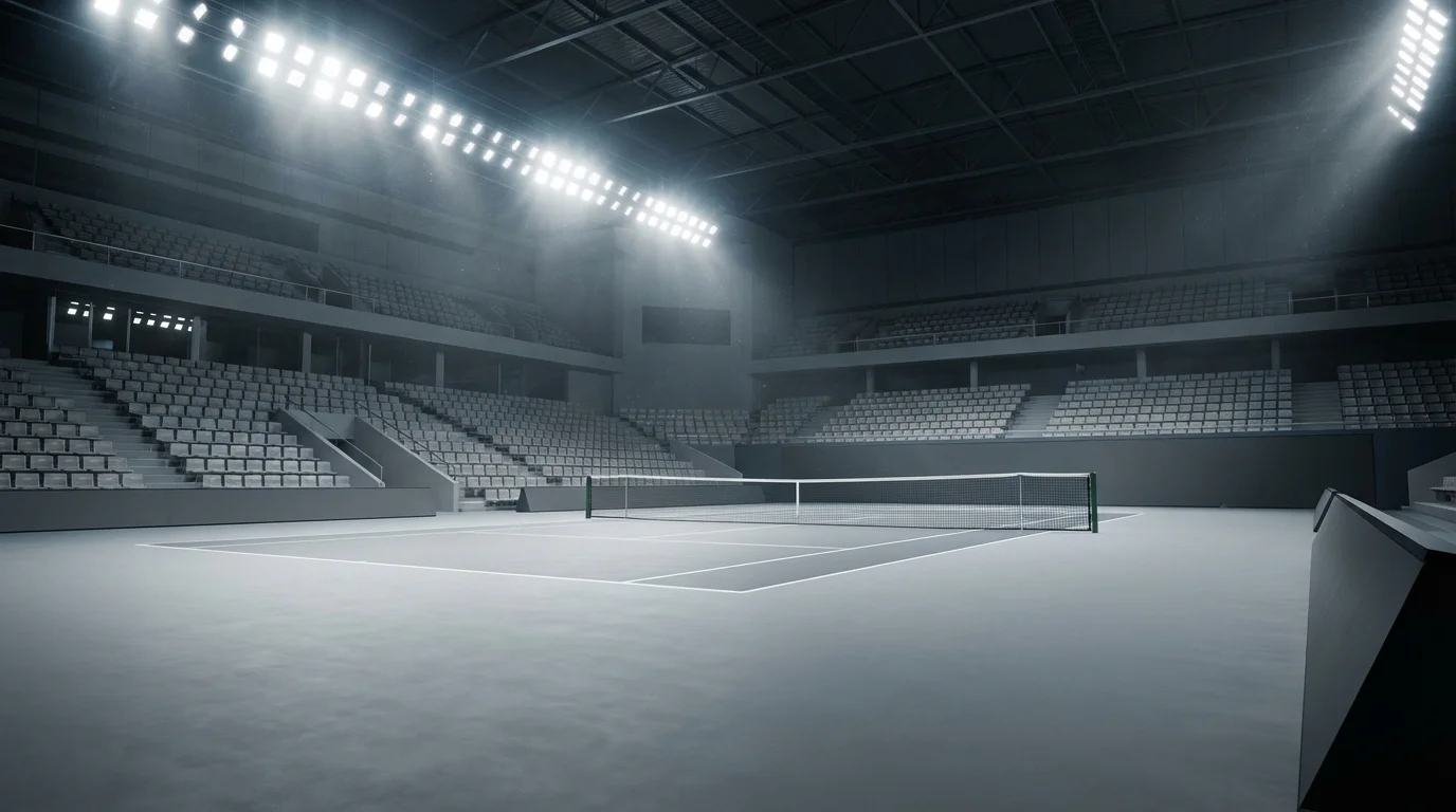 Court de tennis en dur indoor éclairé par des projecteurs dans une salle couverte