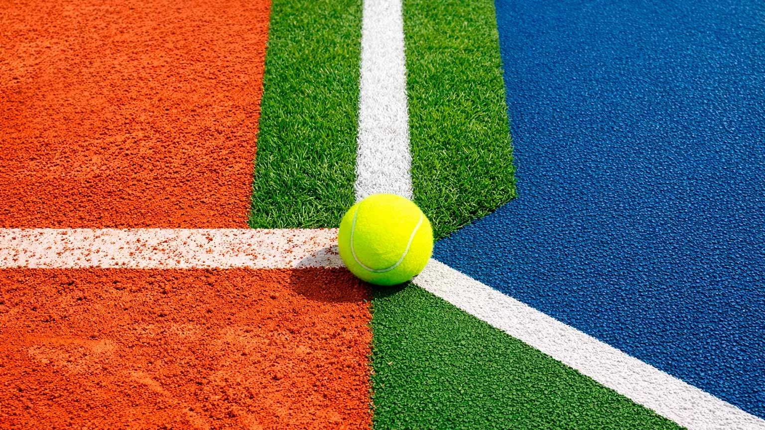 Vue comparative de trois surfaces de tennis : terre battue, gazon et dur