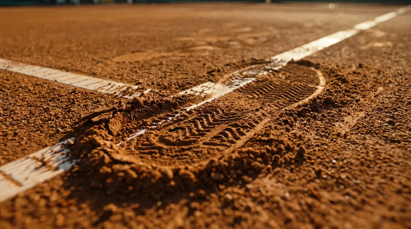 Trace de glissade d'un joueur de tennis sur la terre battue ocre d'un court