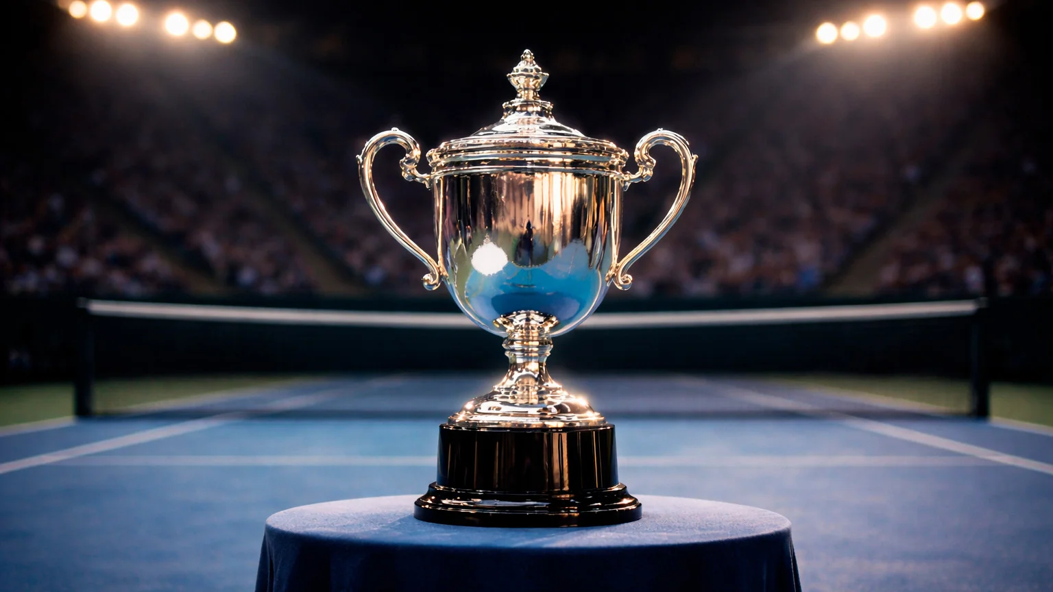 Trophée de Grand Chelem sur un court de tennis avec filet en arrière-plan