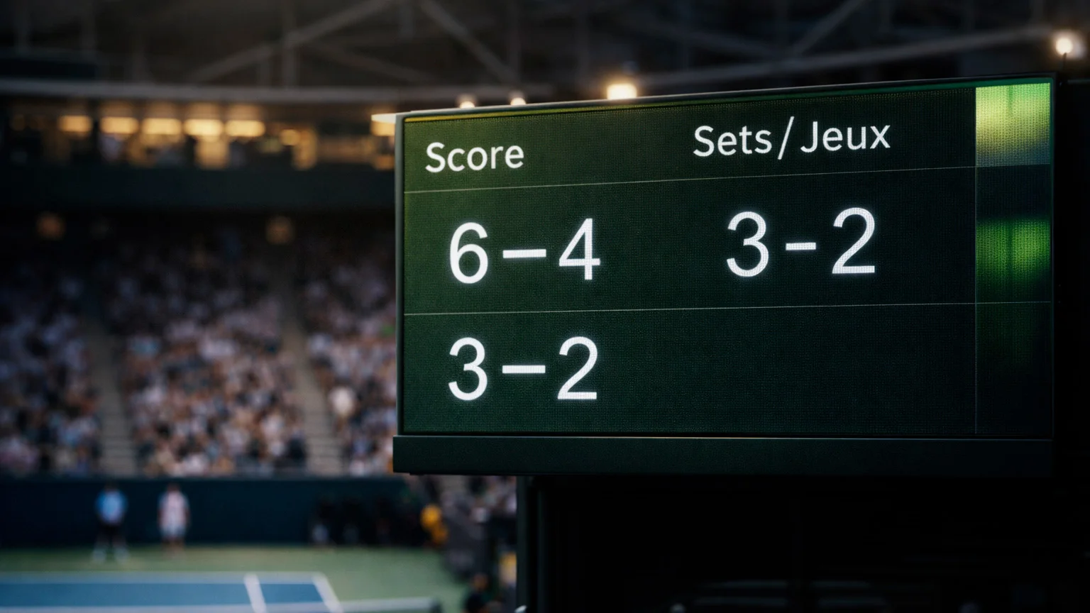Tableau de scores de tennis affichant les sets et jeux en cours