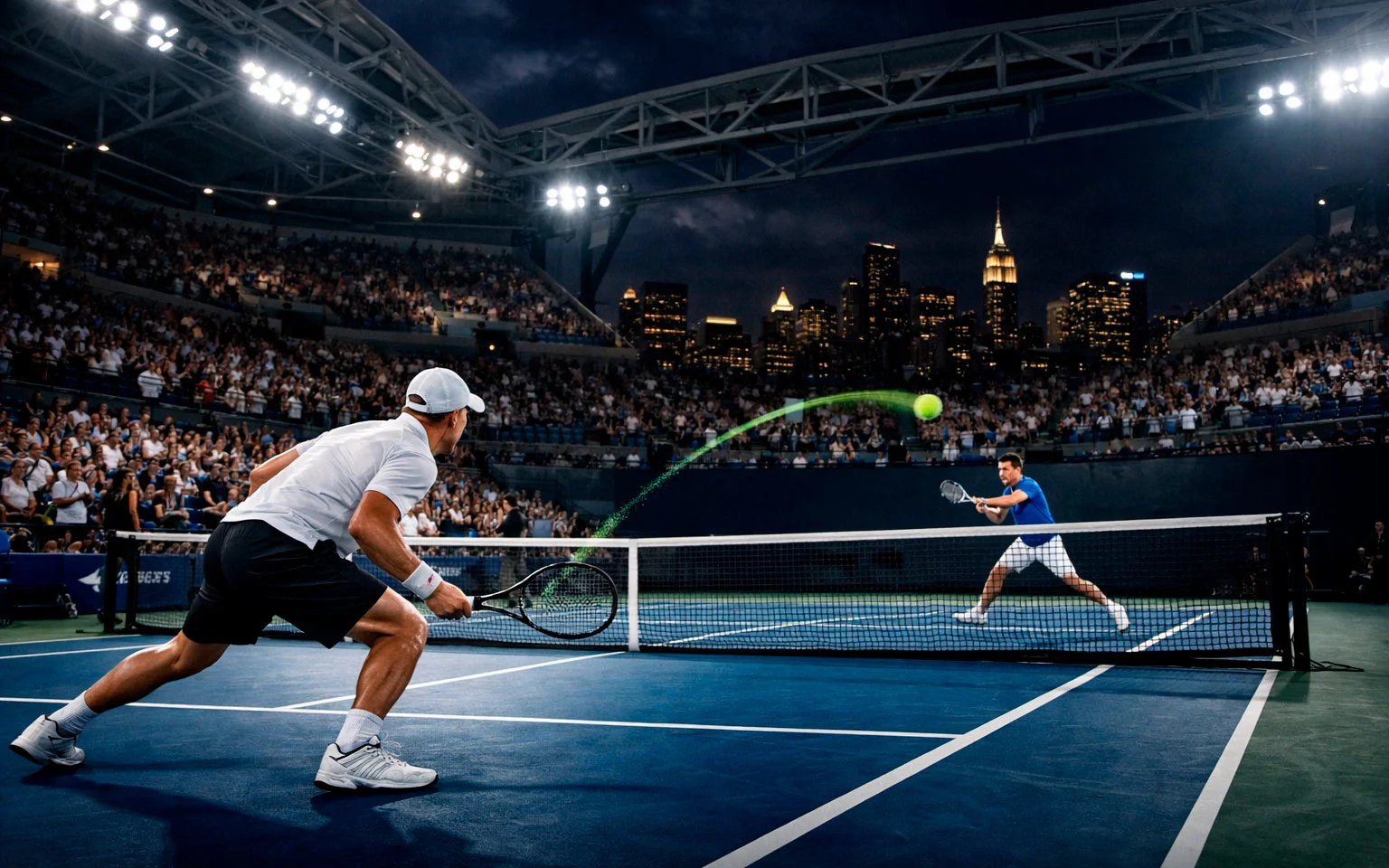 Stade Arthur Ashe illumin&eacute; lors d'un match nocturne