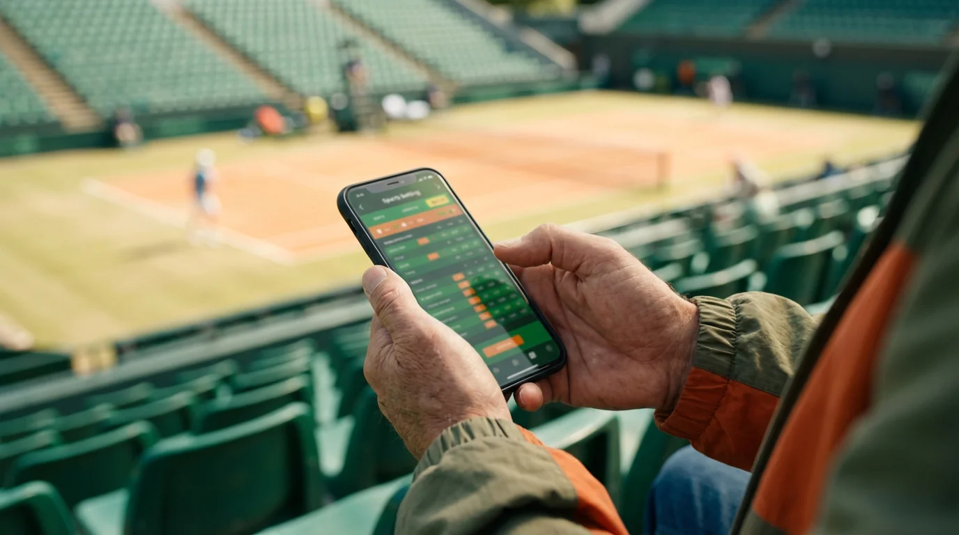 Un écran affichant des cotes de paris tennis avec un joueur sur un court flou en arrière-plan