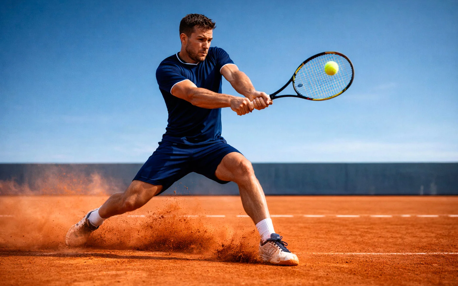 Joueur de tennis en pleine action sur terre battue